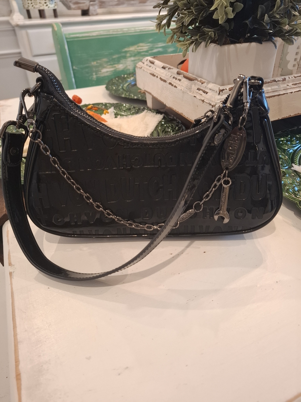 Von Dutch Black Patent Logo-Embossed Shoulder Bag with Chain Charm